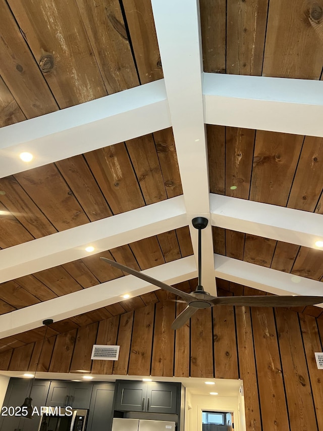 room details with beamed ceiling, wooden ceiling, visible vents, and wooden walls