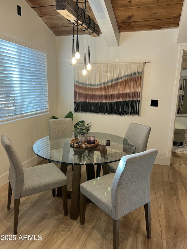 dining area featuring vaulted ceiling, wood finished floors, wood ceiling, and baseboards