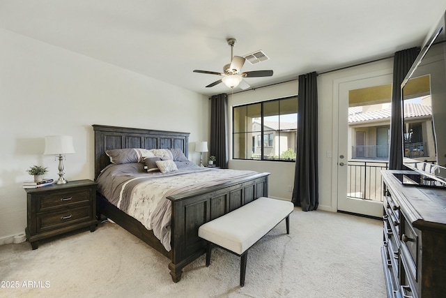 bedroom with access to exterior, visible vents, baseboards, ceiling fan, and light carpet