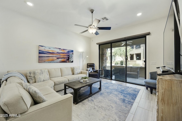 living room featuring recessed lighting, visible vents, and ceiling fan