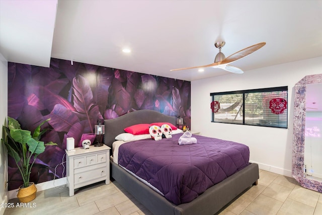 tiled bedroom with ceiling fan