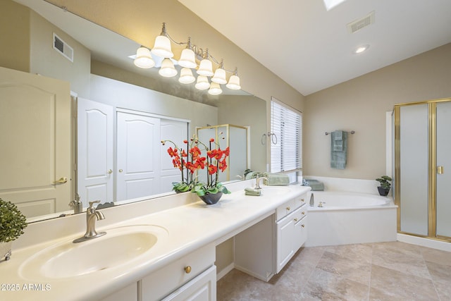 full bathroom with lofted ceiling, visible vents, a sink, and a shower stall