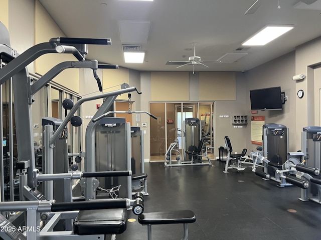 gym featuring ceiling fan