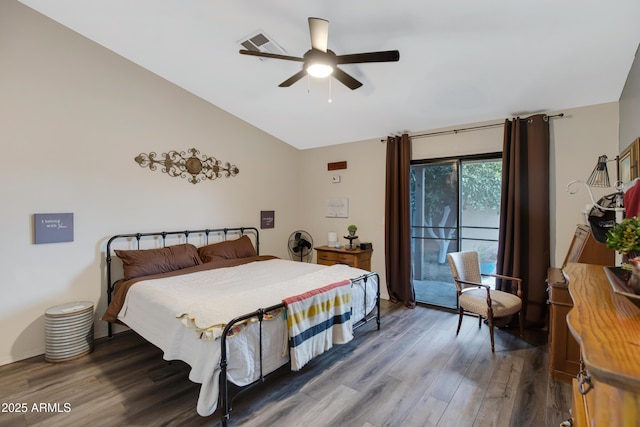 bedroom with lofted ceiling, access to exterior, wood-type flooring, and ceiling fan