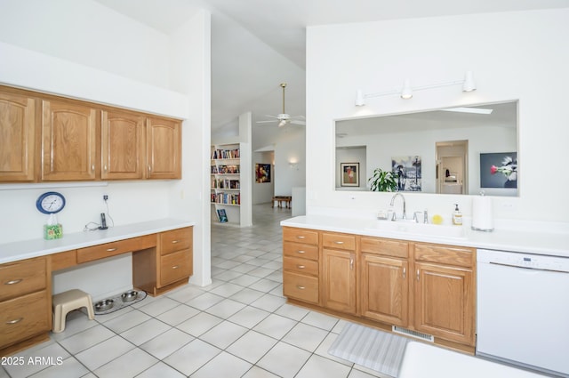 11430 E Manzanita Trl, Dewey, AZ 86327 - kitchen featuring dishwasher, a sink, high vaulted ceiling, light countertops, and ceiling fan