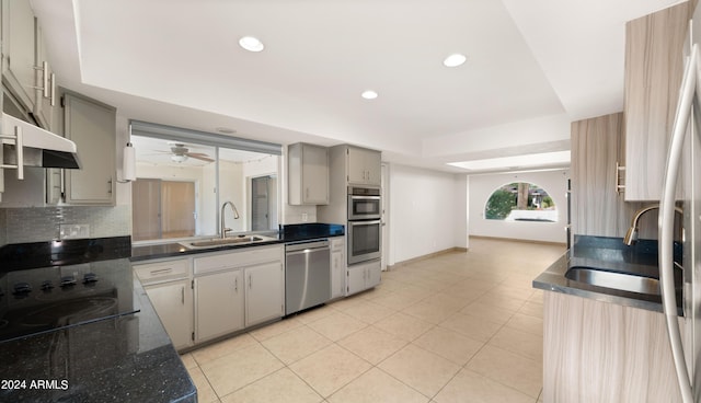 7012 N 22nd St, Phoenix, AZ 85020 - kitchen featuring gray cabinetry, ceiling fan, sink, and stainless steel appliances
