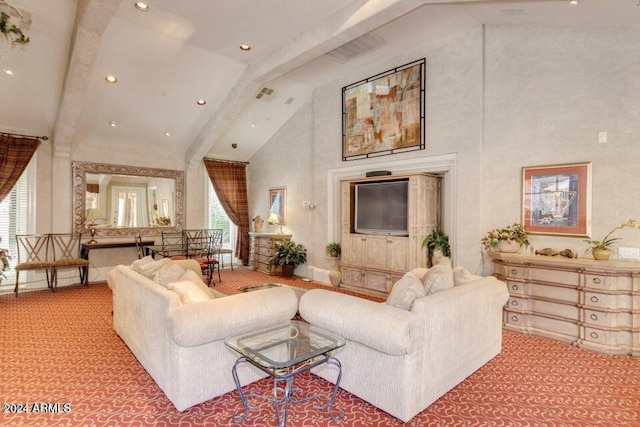 living room with carpet flooring, beamed ceiling, and high vaulted ceiling