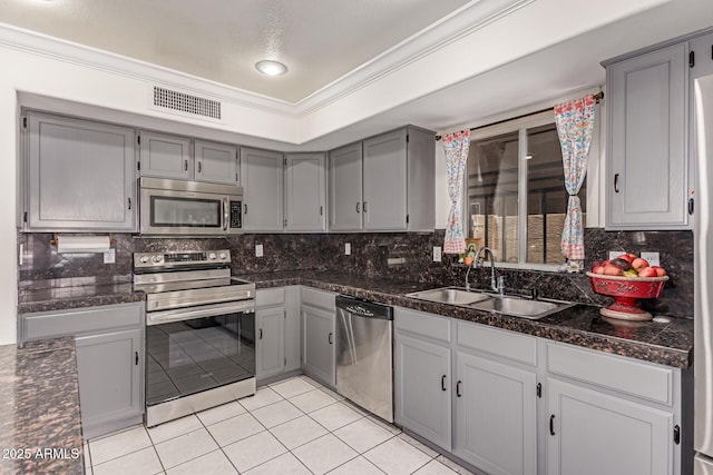 1723 W Mercury Way, Chandler, AZ 85224 - kitchen featuring appliances with stainless steel finishes, a sink, gray cabinetry, backsplash, and ornamental molding