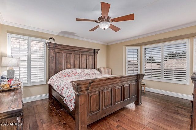 1723 W Mercury Way, Chandler, AZ 85224 - bedroom featuring baseboards, dark wood-type flooring, ornamental molding, and a ceiling fan