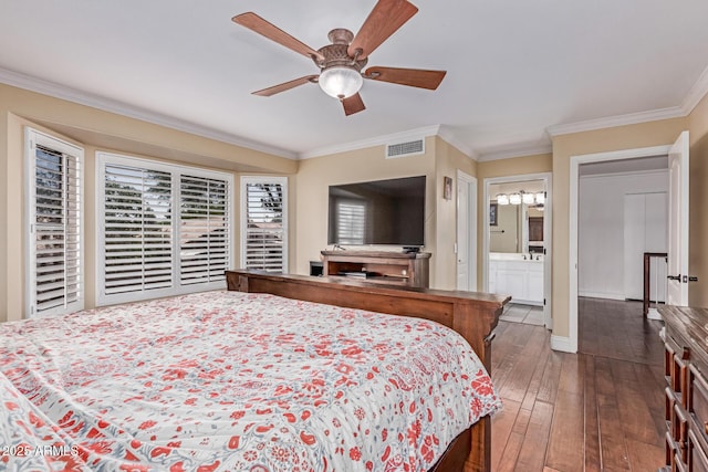 1723 W Mercury Way, Chandler, AZ 85224 - bedroom featuring dark wood finished floors, crown molding, and a ceiling fan