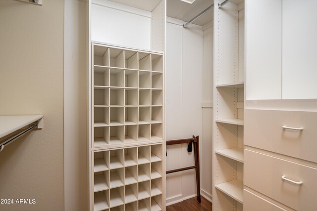 walk in closet featuring dark wood-type flooring