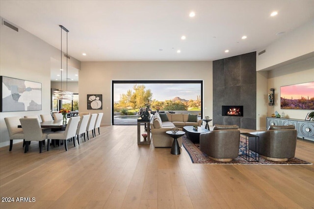 living room featuring a large fireplace and light hardwood / wood-style floors