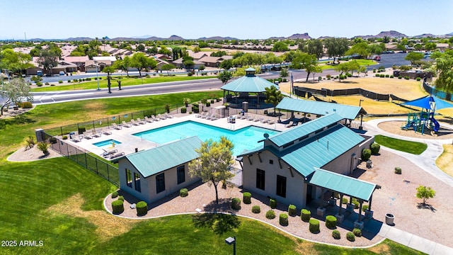 aerial view with a residential view and a mountain view