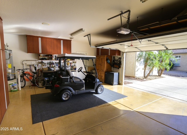 garage with gas water heater and a garage door opener