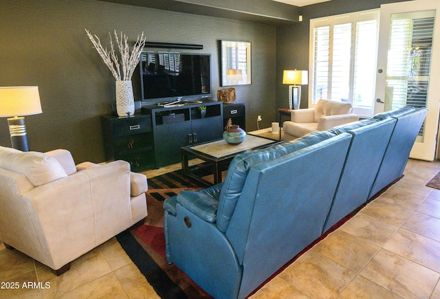 living room featuring light tile patterned flooring