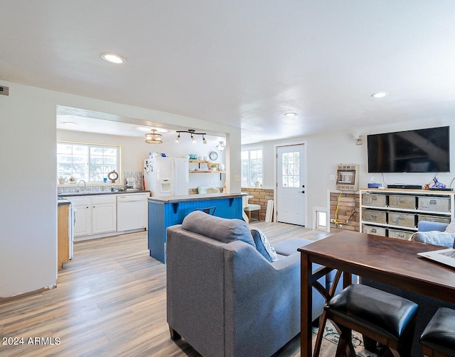 living room featuring light hardwood / wood-style flooring, sink, and a wealth of natural light