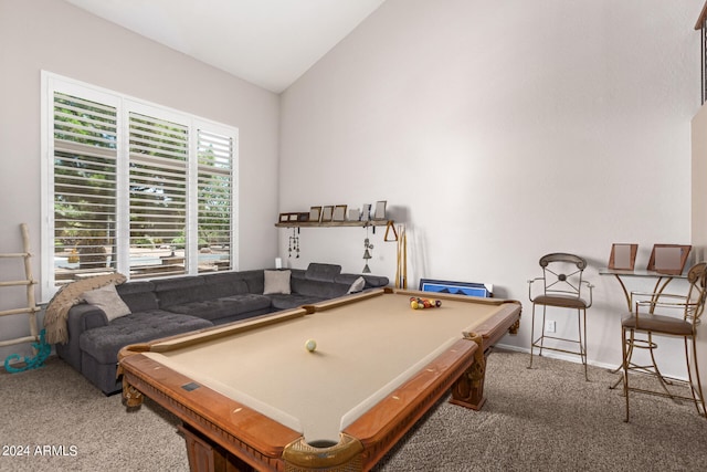 recreation room featuring billiards, carpet flooring, and vaulted ceiling