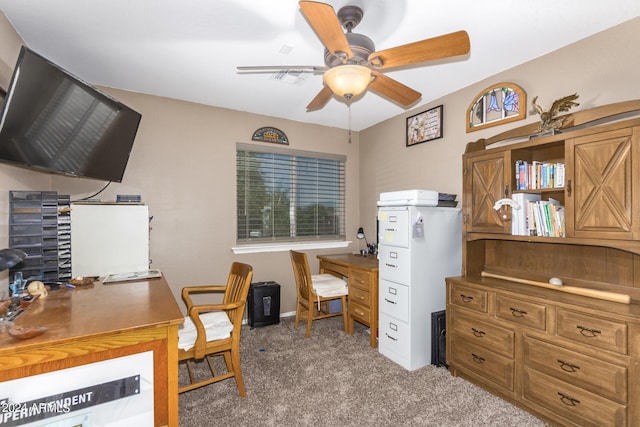 office area with light carpet and ceiling fan