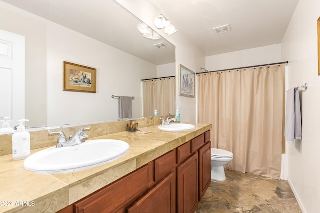 full bathroom with toilet, vanity, and shower / bathtub combination with curtain