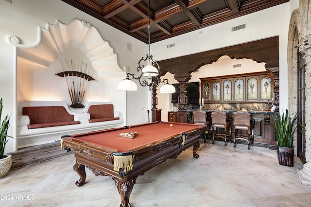 game room with a high ceiling, coffered ceiling, indoor bar, ornamental molding, and pool table