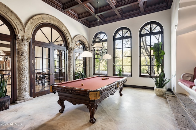 recreation room featuring crown molding, french doors, coffered ceiling, and billiards