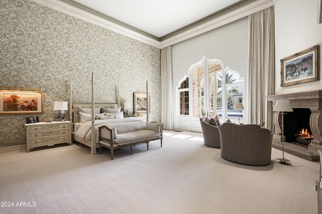 bedroom with carpet floors and ornamental molding