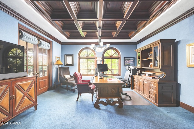 office with plenty of natural light, carpet, a chandelier, and ornamental molding