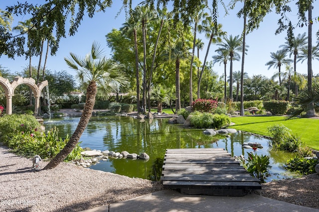 view of home's community with a water view and a boat dock