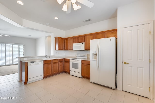 kitchen with ceiling fan, sink, kitchen peninsula, white appliances, and light tile patterned floors