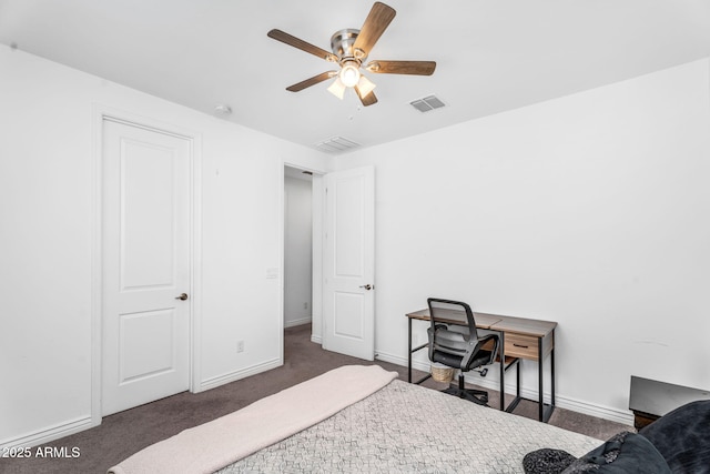 carpeted bedroom featuring baseboards, ceiling fan, and visible vents