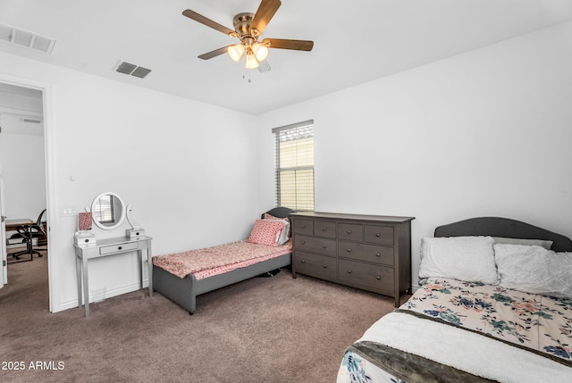 bedroom with a ceiling fan, carpet, and visible vents