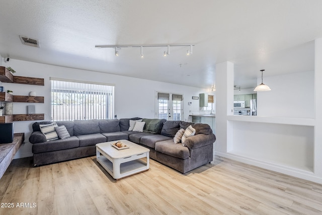 living room with rail lighting and light wood-type flooring