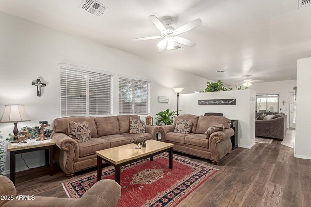 42328 N 46th Ln, Phoenix, AZ 85086 - living area featuring baseboards, visible vents, a ceiling fan, and dark wood finished floors
