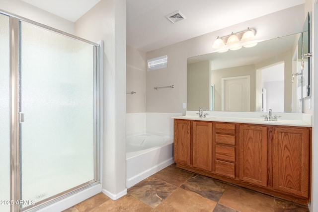 bathroom with vanity and plus walk in shower