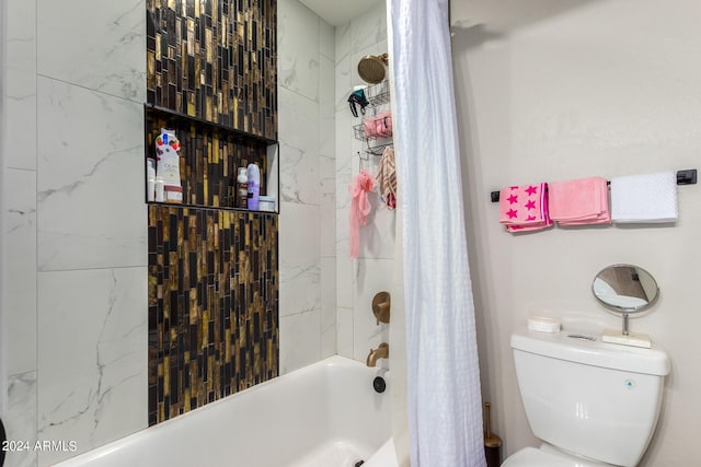 bathroom with toilet and shower / tub combo with curtain