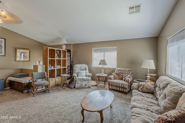 2125 W Central Ave, Coolidge, AZ 85128 - carpeted living area featuring vaulted ceiling and ceiling fan