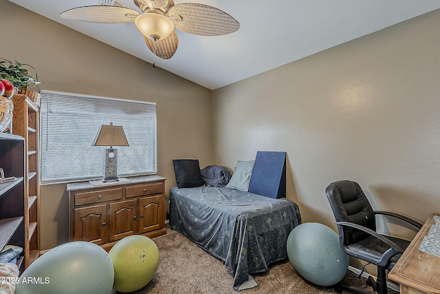 2125 W Central Ave, Coolidge, AZ 85128 - carpeted bedroom with vaulted ceiling, an office area, and a ceiling fan