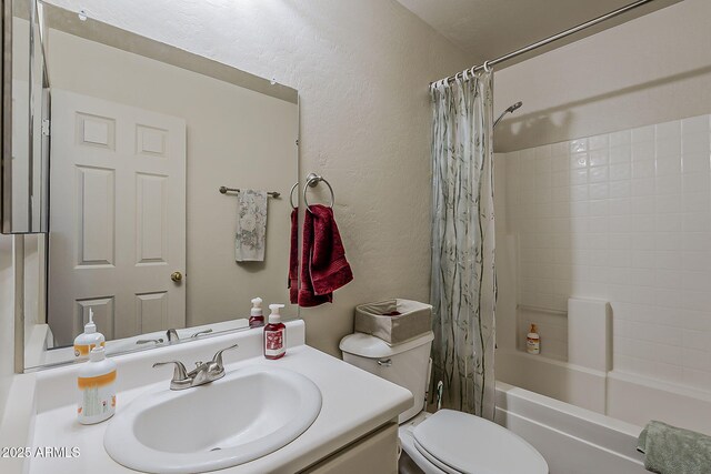 2125 W Central Ave, Coolidge, AZ 85128 - bathroom with shower / bathtub combination with curtain, vanity, and a textured wall