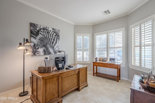 office area with light tile patterned flooring and crown molding