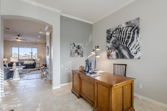 home office with light tile patterned floors, crown molding, and ceiling fan