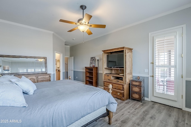 bedroom featuring ceiling fan, ornamental molding, light hardwood / wood-style flooring, and access to outside