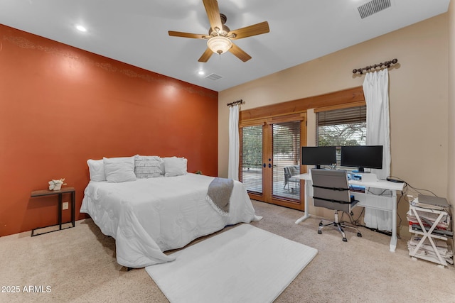 bedroom with ceiling fan, light colored carpet, french doors, and access to outside