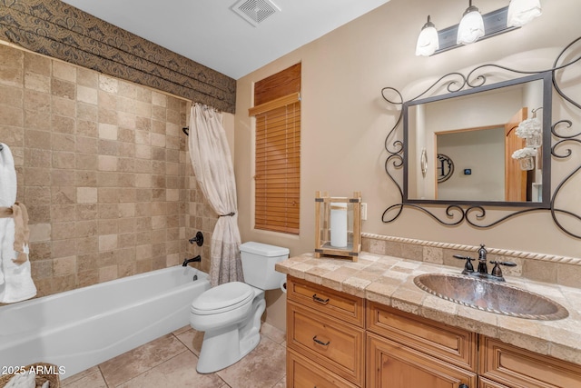 full bathroom with toilet, shower / tub combo, tile patterned flooring, and vanity