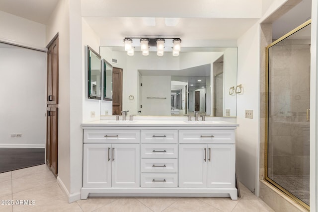 902 W Glendale Ave Unit 102, Phoenix, AZ 85021 - bathroom with tile patterned flooring, double vanity, a shower stall, and baseboards