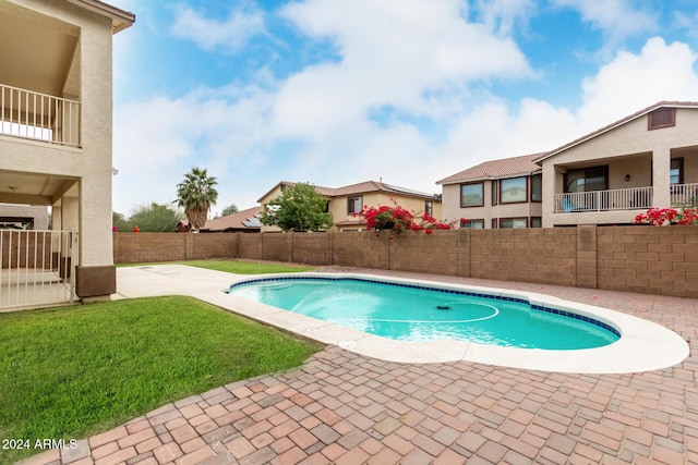 view of pool featuring a patio area and a yard