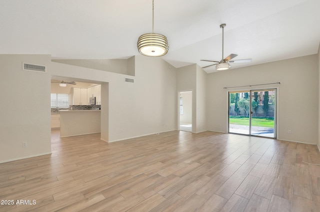 unfurnished living room featuring high vaulted ceiling, ceiling fan, and light hardwood / wood-style floors