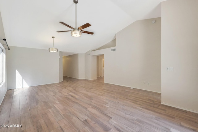 unfurnished living room featuring ceiling fan, high vaulted ceiling, and light hardwood / wood-style floors