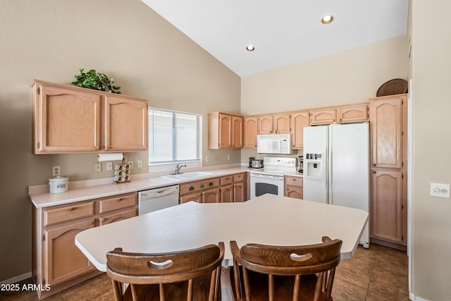 15194 W Vale Dr, Goodyear, AZ 85395 - kitchen with white appliances, high vaulted ceiling, light brown cabinetry, tile patterned flooring, and light countertops