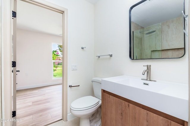 bathroom with wood-type flooring, vanity, and toilet