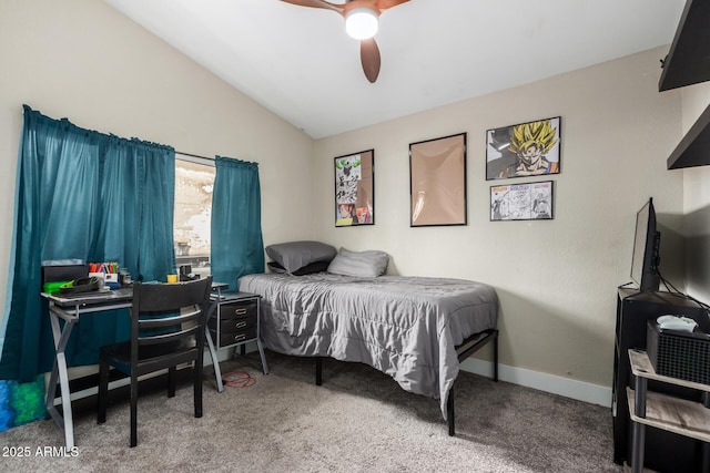 bedroom with baseboards, lofted ceiling, ceiling fan, and carpet flooring